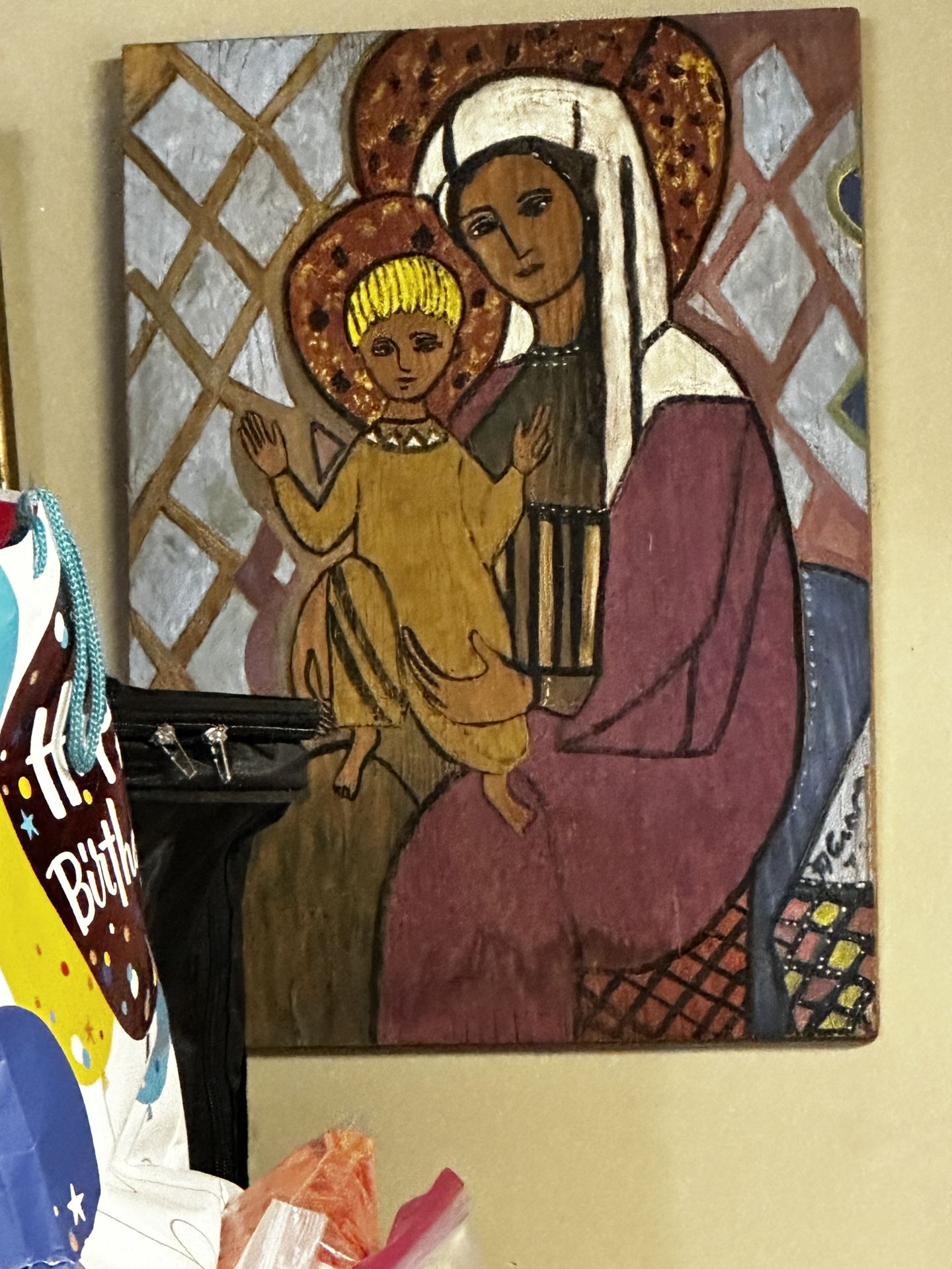 J Cuevas Painting On Wood Medium Mother And Child
