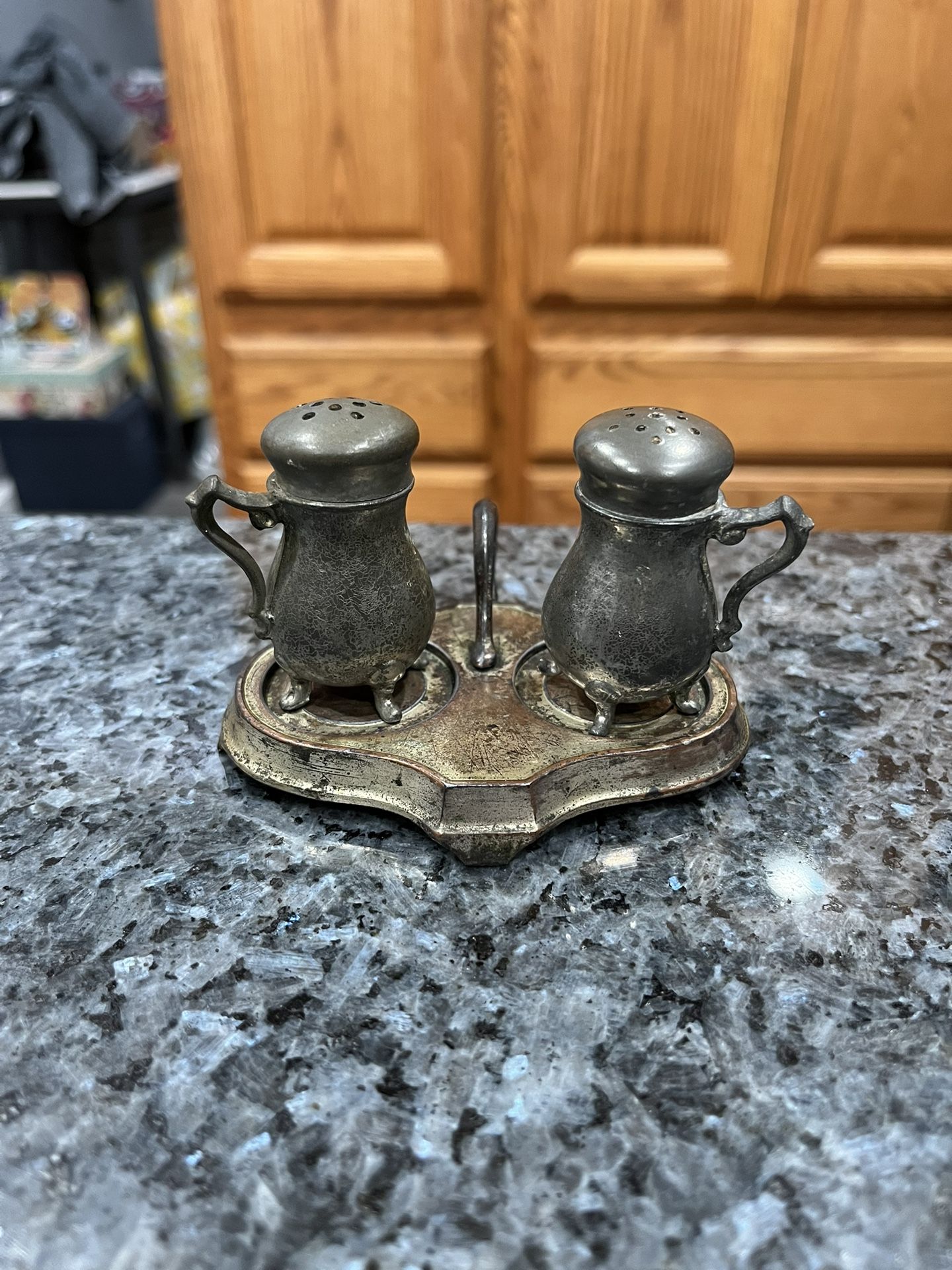 Vintage Pewter With Tray Pair Of salt And Pepper Shakers. Preowned