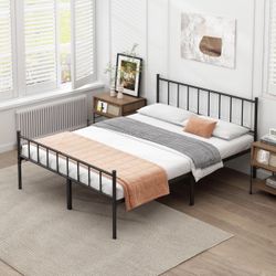 King/Queen Bed Metal Platform Frame with Headboard Sturdy Steel Slats Support , Black