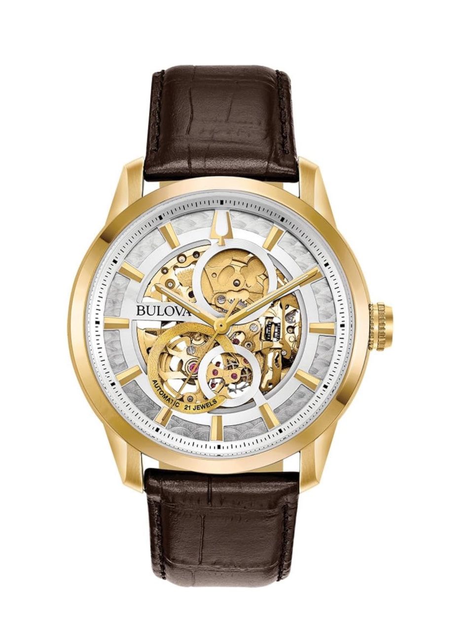 Bulova Gold and Brown Skeleton Dial Watch Men’s