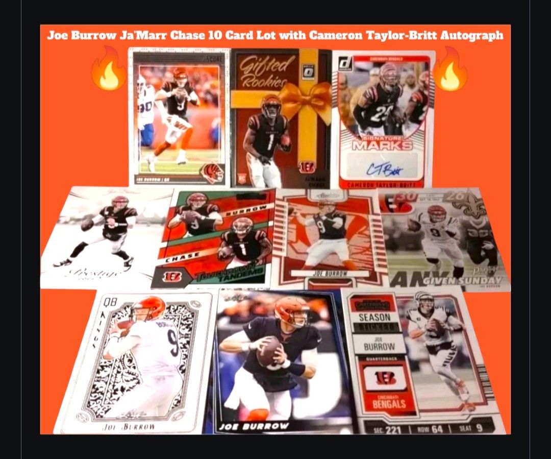 Joe Burrow Ja'Marr Chase 10 Card Lot With Cameron Taylor-Britt Autograph Card 