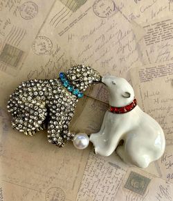 Enamel Rhinestone Kissing Polar Bears Pearl Statement Brooch