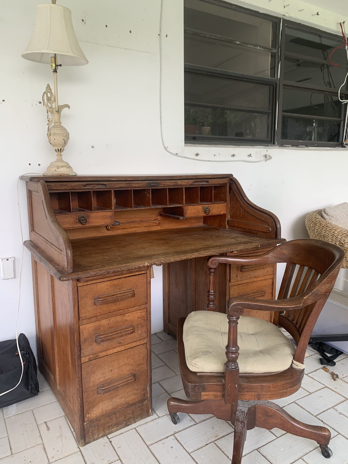 Antique Real Wood Desk And Chair 