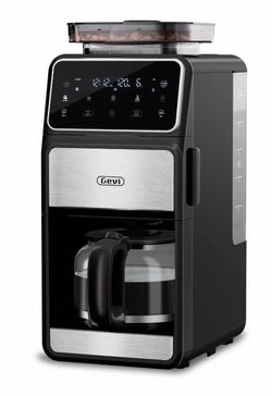 Gevi 10-cup drip coffee maker features a built-in stainless steel burr grinder and a sleek digital control panel.