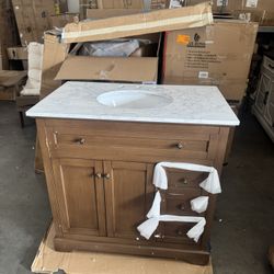 36 in. W x 21.5 in. D x 35 in. H Single Sink Freestanding Bath Vanity in Brown with White Carrara Marble Top