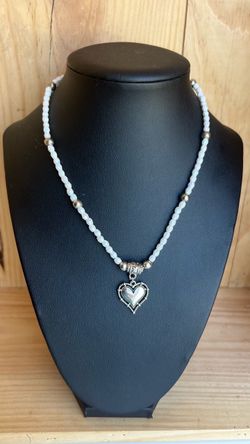 White Beaded Necklace with Silver Heart Pendant