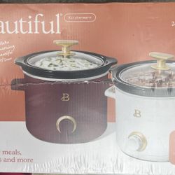 Beautiful 2 qt Slow Cooker Set 2-Pack, White Icing and Tomato Red Drew Barrymore