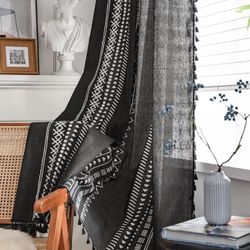 2 Panel Geometric Black And White Curtains