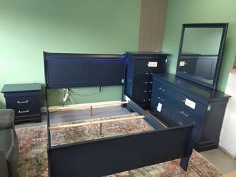 Navy Blue Bedroom Set with LED Headboard