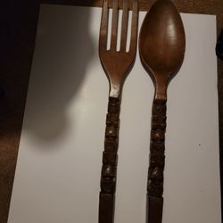 Vintage 28" Wooden Carved Tiki Spoon And Fork Set