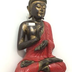 Hand-Carved Wooden Buddha Statue 43” – Indonesia – Red & Bronze Finish – Art