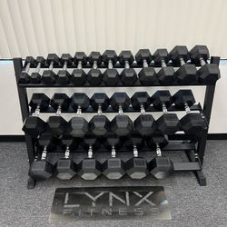 (New In Box) 5-75lb Rubber Hex Dumbbells With 3 Tier Dumbbell Rack Weights Home Gym Fitness Workout
