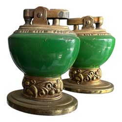 Ronson “Leona” Table Lighter Pair - Vintage (1949) Green Enamel & Brass Art Deco