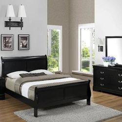 Brand New Black Queen Sleigh Bedframe + Dresser + Mirror + Nightstand 4PCs Bedroom Set