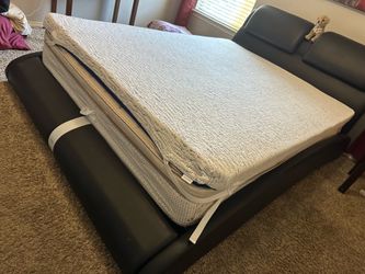 Modern Black Faux-Leather Queen Bed Set (Frame + Mattress + Topper)