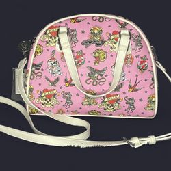 New pink & white Ed Hardy shoulder bag with tattoo print, zip closure