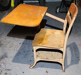 Vintage Metal Frame Wood Top School Desk w/Cubby