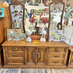 Vintage Large Solid Wood Triple Dresser With 2 Mirrors 