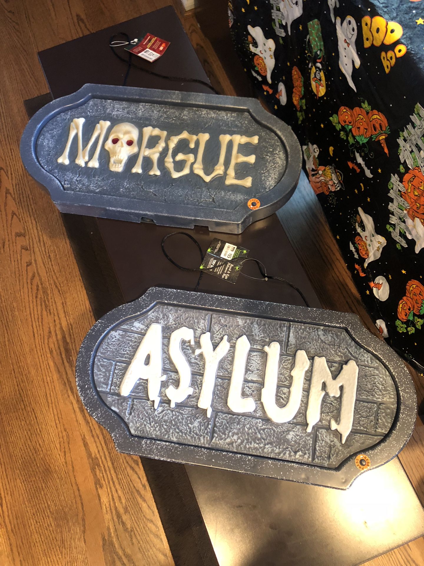 Morgue and asylum Halloween hanging decorations with LED lights and scary sounds