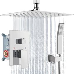 System Rain Shower Head with Handheld Spray High Pressure Shower Faucet Set Rough-in Valve Shower Trim Kit Included Bathroom Polish Chrome 12 Inch Cei