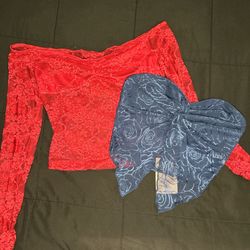 Bundle - Blue rose print halter top(M) & red lace long sleeve top (M) #y2kfashion