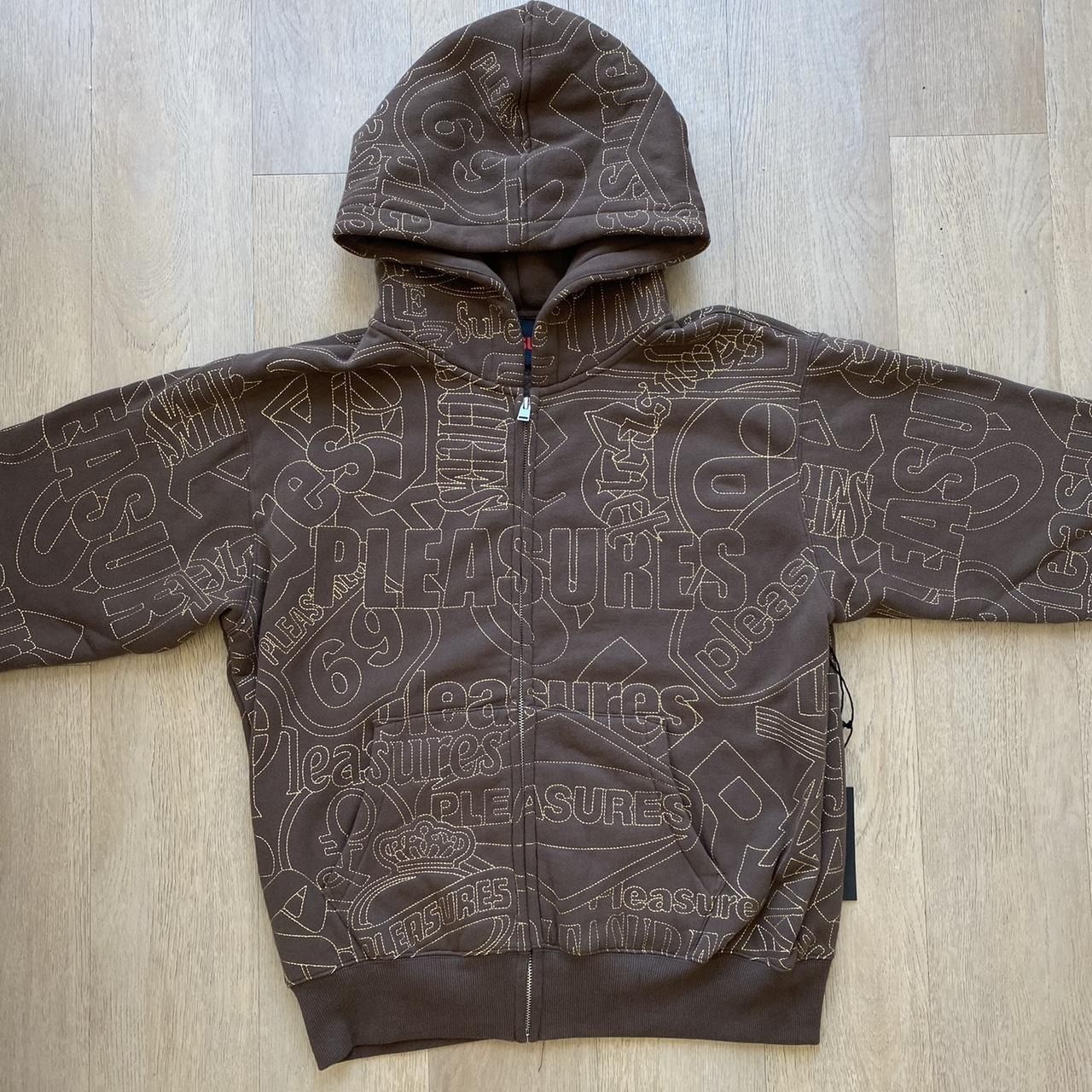 Men's Pleasures Y2K Signal Zip Up Hoodie in Brown with Stitching