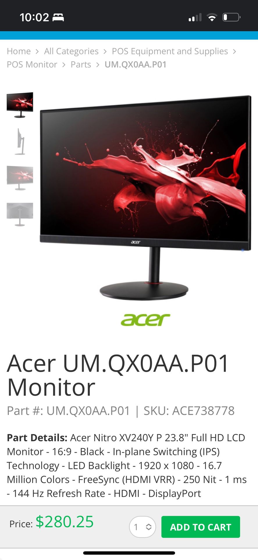 Acer UM.QX0AA.P01 144hz Monitor