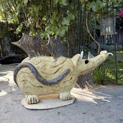 Vintage Large Garden Art Horned Dragon Sculpture On Base Decor Art, Pottery Art Artist Signed Indoor/ Outdoor Dragon Decor Rustic Whimsical Yard Art 