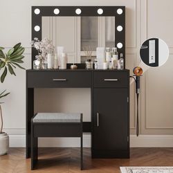 Vanity Desk with Mirror, Large Drawer and Power Socket with 11 Light Bulbs and 3 Adjustable Lighting Modes, Vanity Table Ideal for Bedroom