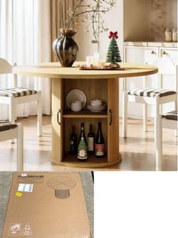 100% Brand New in Box Oak 47 Inch Round Dining Table with Storage, 2-Layer Shelves, Extendable Top