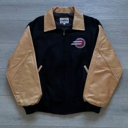 VINTAGE 90’S BARRON CLOTHING ACCESSORIES SHOP WORKWEAR RACING VARSITY JACKET | EMBROIDERED | SIZE M