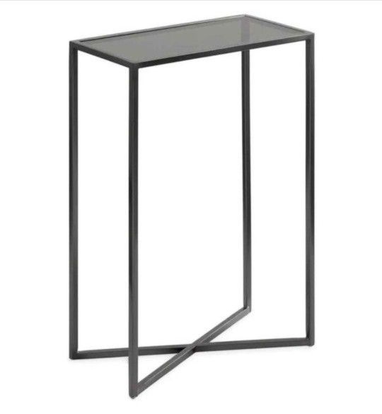 Modern Narrow End Table. 16 x 8 x 24. Tinted Glass and Gray Metal