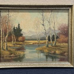 Antique c1922 Autumn Mountain Lake Landscape Oil Painting signed "L. Elliott"