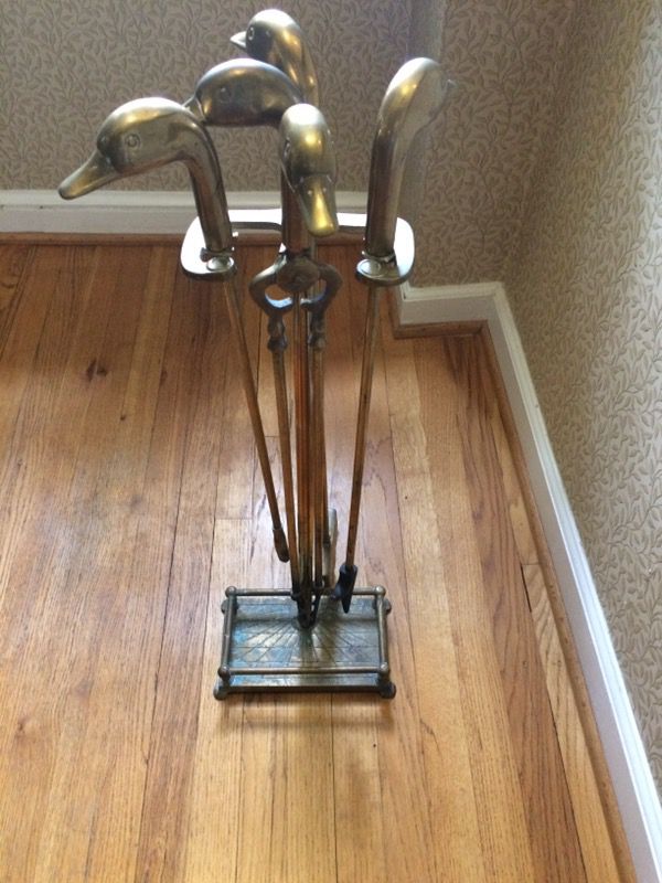 Antique Brass Duck Head Handle Fireplace Set