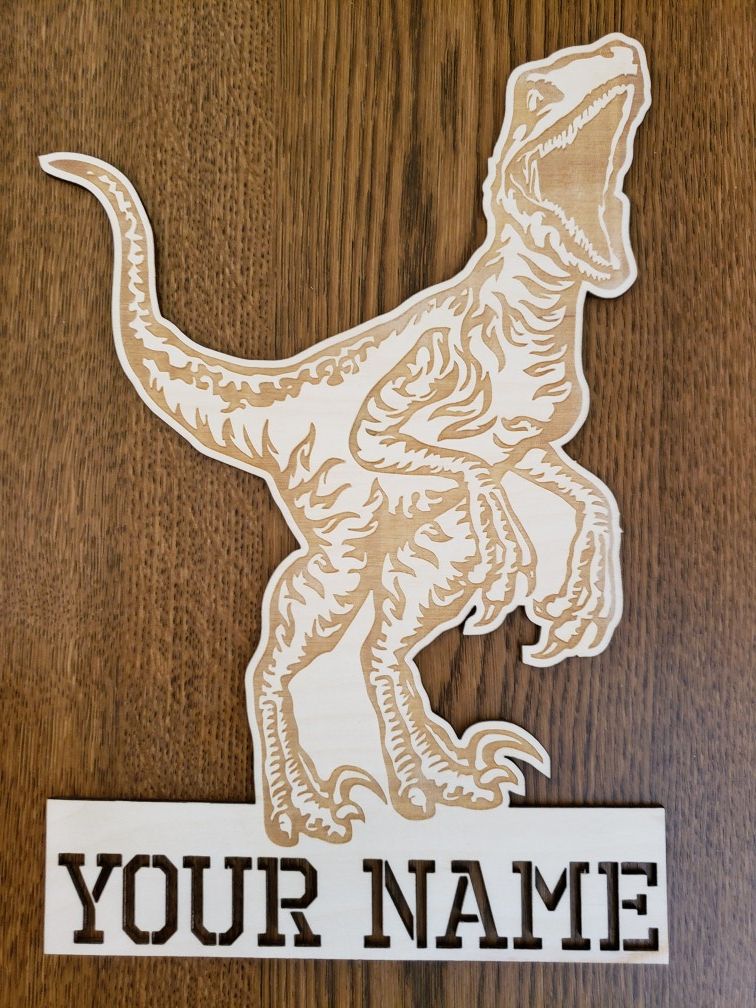 Personalized raptor dinosaur wood sign