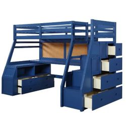 BARN INSPO NAVY BLUE FINISH TWIN SIZE LOFT BED CORKBOARD DESK STAIRCASE CHEST - LITERA SENCILLA ESCRITORIO