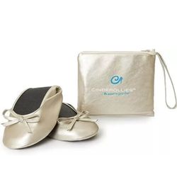 CINDEROLLIES Foldable Ballet Flats Rollable Flat Comfort Shoes with Travel Pouch; Gold; Large (8.5-9.5)