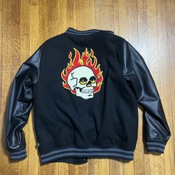 Vans Stevens Varsity Letterman Bomber Jacket Flaming Skull Mens size Large