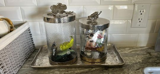 Glass Canisters with Silver Flower Lids, Set of 2