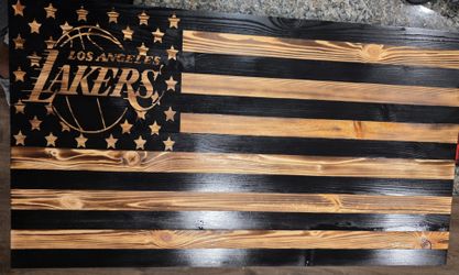 Hand Crafted Wooden Flag Los Angeles Lakers