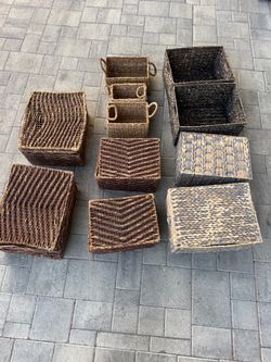 Traditional Assorted Hand-Woven Hyacinth/Iron Baskets, Dark Brown Wash (Set of 11)