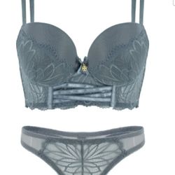 NWT DAISY FUENTES Lace Push Up Bra 36B Matching Thong Set L Dusty Teal Blue
