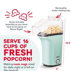 DASH Fresh Pop Popcorn Maker - Oil-Free, Air Popcorn Popper - With Measuring Cup & Recipe Guide - Perfect for Movie Nights - 16 Cups, Aqua