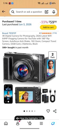 4K Digital Camera for Photography, 2026 Latest WiFi 64MP Vlogging Camera for YouTube with 180° flip Screen, Autofocus Anti-Shake, 16X Zoom, Compact Tr