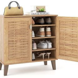 Assembled New 2-Door Shoe Storage Cabinet 4-Tier Entryway Storage Cabinet Woven Doors 