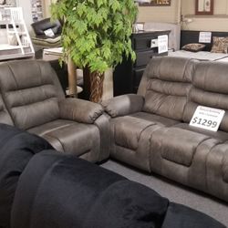 Brand New Gray Fabric Manual Reclining Sofa + Loveseat 2PCs Set