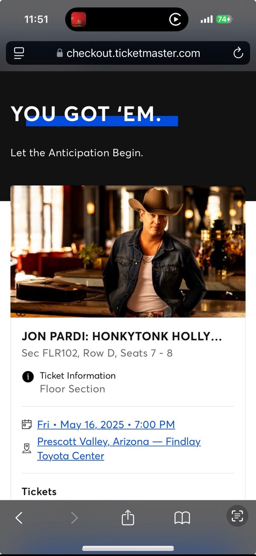 Floor Seats For Jon Pardi 