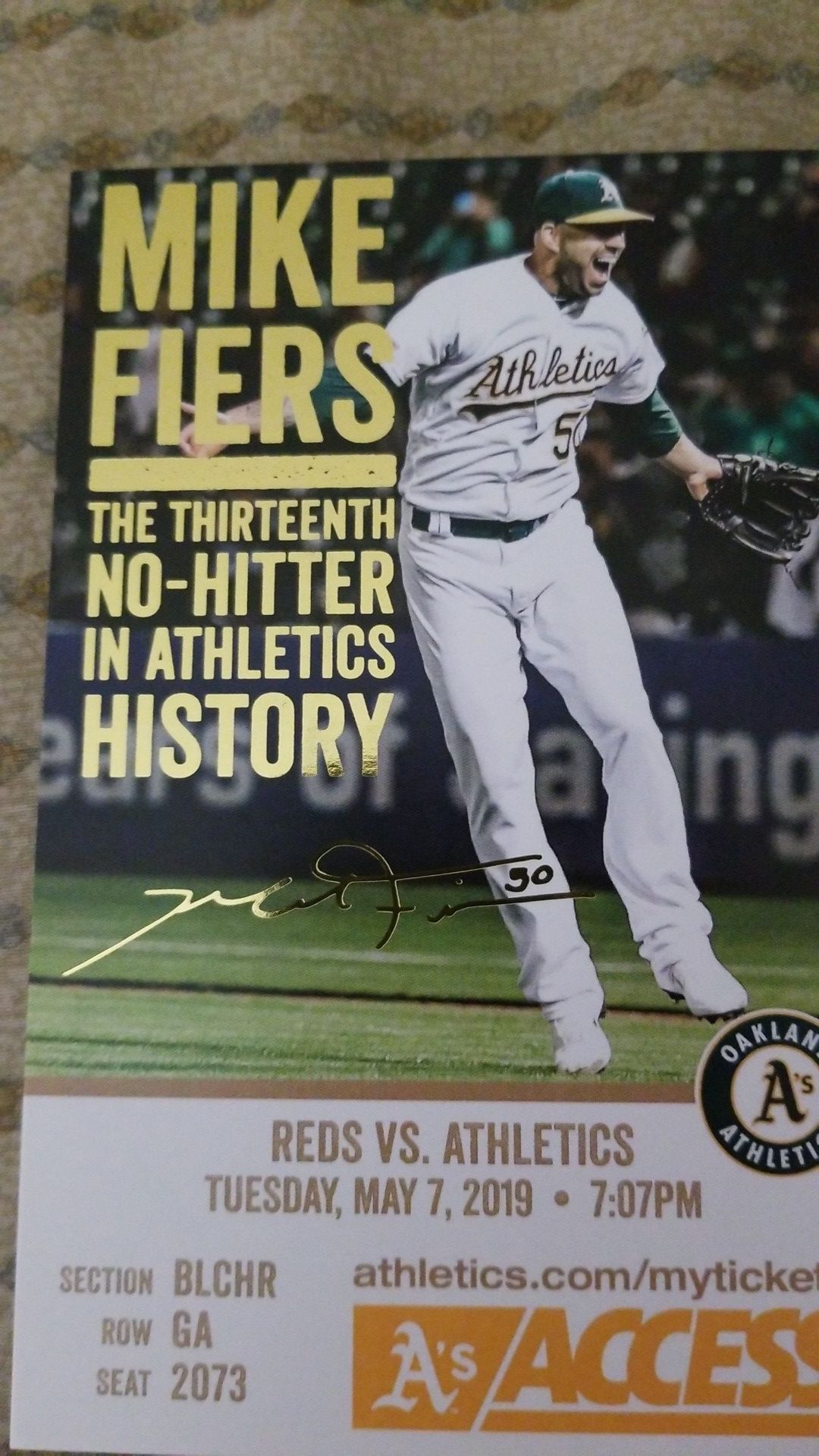 Athletics no hitter memorial ticket
