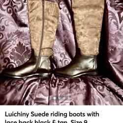 Luichiny Suede riding boots with lace back black & tan. Size 9