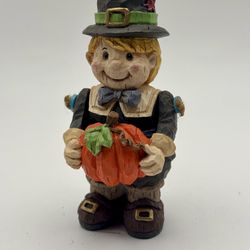 Charming Pilgrim Boy Figurine with Pumpkin, Harvest/Thanksgiving - 5.5”